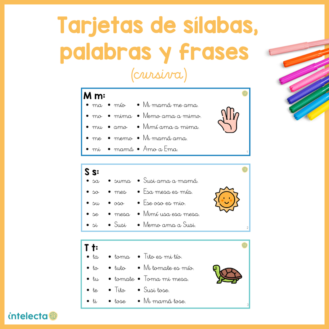 Tarjetas de sílabas, palabras y frases (cursiva)